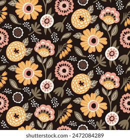 Floral Seamless Pattern of Flowers and Leaves in five Colors Yellow, White, Pink Peach on Brown Backdrop, Wallpaper Design is great for Textiles, Papers Prints, Fashion Backgrounds, Beauty Products