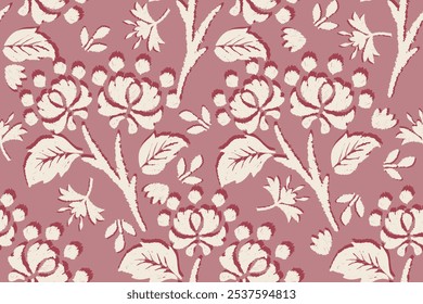 Floral seamless pattern with flowers and leaves on pink background.Oriental vector damask pattern with decorative ornament. Talavera pottery. Ethnic oriental traditional.Motifs Ikat embroidery 