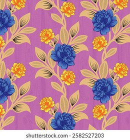Floral seamless pattern with flowers and leaves on pink background