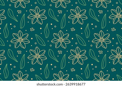 Floral seamless pattern with flowers and leaves in line art. Modern botanical vector illustration in doodle style on dark green background for wallpaper, wrapping paper, textile design