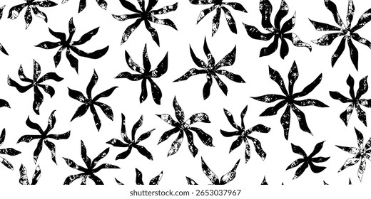 Padrão floral sem emenda, flores e folhas, design vetorial, preto isolado no fundo branco