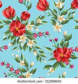 Floral seamless pattern with flowers and leaves on blue background in watercolor style