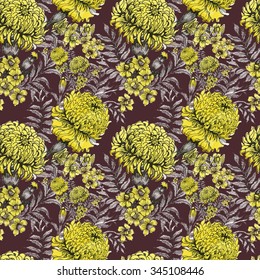 Floral seamless pattern with flowers and leaves on brown background in watercolor style, vector illustration