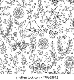 Floral seamless pattern with flowers, leaves, and bird nest.