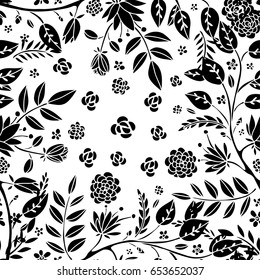 Floral seamless pattern. Flowers, leaves, plants. Natural background in black and white