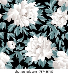 Floral seamless pattern with flowers and leaves over black background. Hand drawn fabric ornamental background. Floral decor design