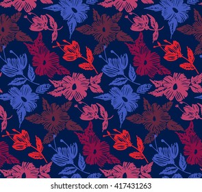 Floral seamless pattern with flowers. Line art. Vector illustration hand drawn. Embroidery flowers.