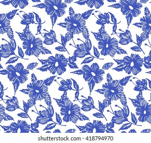 Floral seamless pattern with flowers. Line art. Vector illustration hand drawn. Embroidery flowers.