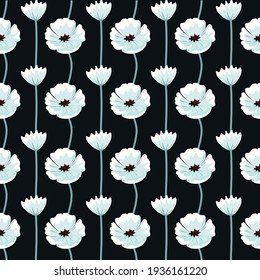 Patrón floral sin fisuras. Flores sobre fondo negro. Papel de pared vectorial. 