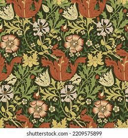 Floral seamless pattern with flowers on dark green background. Vector illustration.