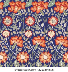 Floral seamless pattern with flowers on dark blue background. Vector illustration.