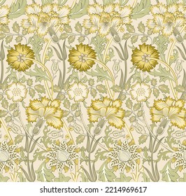 Floral seamless pattern with flowers on light beige background. Vector illustration.