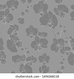 Floral seamless pattern with flowers orchids. Hand drawn. Tropical plants for design, textile, print, wallpapers, wrapping paper. Vector stock illustration.