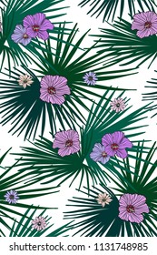 Floral seamless pattern with  flowers and palm leaves. Botanical illustration  hand painted. Textile print, fabric swatch, wrapping paper.