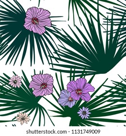 Floral seamless pattern with  flowers and palm leaves. Botanical illustration  hand painted. Textile print, fabric swatch, wrapping paper.
