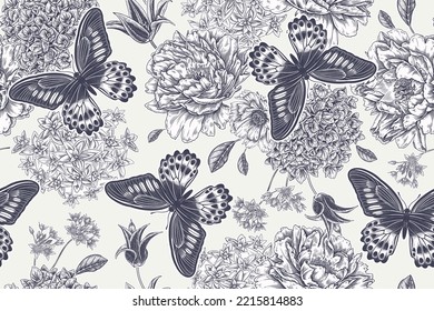 Floral seamless pattern. Flowers peonies, hydrangea, tulips and butterflies. Black and white background. Vintage engraving. Vector illustration. Design for textile, wallpaper, paper.