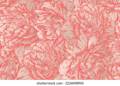 Floral seamless pattern. Flowers peonies. Red and gold foil print. Luxury background. Vintage engraving. Vector illustration. Design for textile, wallpaper, paper.