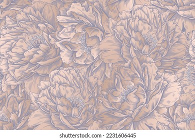 Floral seamless pattern. Flowers peonies. Grey and gold foil print. Luxury background. Vintage engraving. Vector illustration. Design for textile, wallpaper, paper.