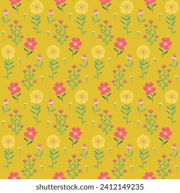 Floral Seamless Pattern of Flowers in Pink and Yellow on Old Gold Color Backdrop. Wallpaper Design for Textiles, Fabrics, Decorations, Papers Prints, Fashion Backgrounds, Wrappings Packaging.