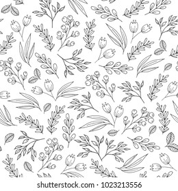 Floral seamless pattern with flowers, plants, berries. May be used as a coloring book