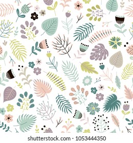 Floral seamless pattern with flowers, plants and leaves. Vector illustration background