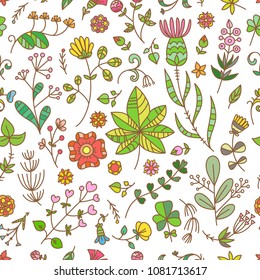 Floral  seamless pattern with flowers and plants on white  background.  Vector colorful contour doodle style image. 