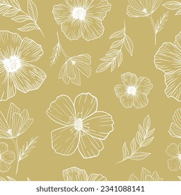 Floral seamless pattern with flowers, plants, Lacy pattern of leaf white lineart on solid color background for Paper, fashion, rug, wrap pattern design