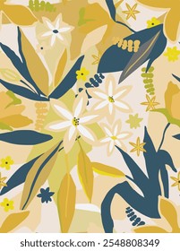 Patrón floral sin fisuras con flores y plantas en fondo amarillo. ilustración tropical.