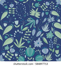 floral seamless pattern with flowers and plants in dark background. tropical vector illustration.