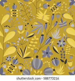 floral seamless pattern with flowers and plants in yellow background. tropical vector illustration.