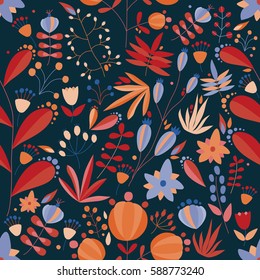 floral seamless pattern with flowers and plants in dark background. tropical vector illustration. floral seamless pattern with flowers and plants in dark background. tropical vector illustration.