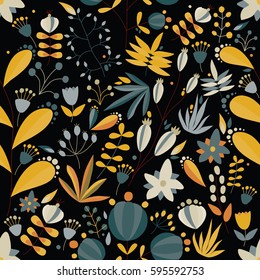 Floral seamless pattern with flowers and plants in black background. Tropical vector illustration.