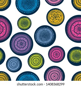 Floral seamless pattern with flowers and polka dots. Vector blooming doodle floral texture. Colorful polka dot.