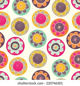 Floral seamless pattern with flowers and polka dots. Vector blooming doodle floral texture. Colorful polka dot.