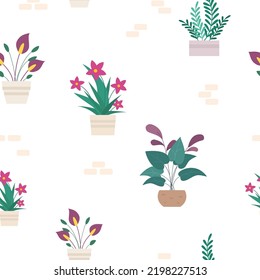 Floral seamless pattern with flowers in pots. house plants in pots. Vector illustration. Use for fabric, wallpaper, wrapping.