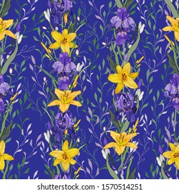 Floral seamless pattern with flowers purple irises, yellow lilies, green leaves on blue. Hand drawn. For your design, prints, textile, web pages. Realistic style. Vector stock illustration.