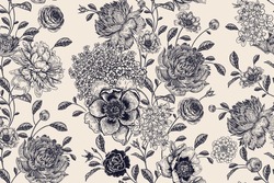 Floral Seamless Pattern Flowers Roses, Peonies, Hydrangea. Handmade Graphics. Black White. Victorian Style. Vector Illustration. Textiles, Paper, Wallpaper Decoration. Vintage Background. Flower Cover