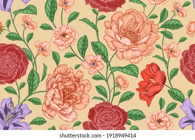 Floral Seamless Pattern. Flowers Roses And Peonies. Handmade Graphics. Victorian Style. Vector Cover Illustration. Textiles, Paper, Wallpaper Decoration. Vintage. Flower Cover.