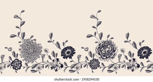 Floral seamless pattern. Flowers roses, peonies, hydrangea. Handmade graphics. Black and white. Victorian style. Vector cover illustration. Textiles, paper, wallpaper decoration. Vintage. Flower cover