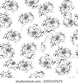 Patrón floral sin soldadura Flores rosas, peonías, hidrangea. Gráficos hechos a mano. Blanco negro. Estilo victoriano. Ilustración vectorial. Textiles, papel, decoración de papel pintado. Fondo vintage. Tapa de flor