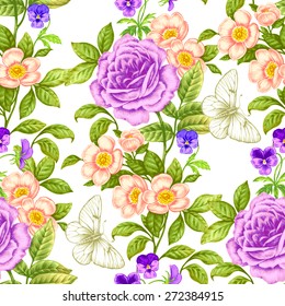 Floral seamless pattern. Flowers roses, peonies, pansies, butterflies. Design paper, wallpaper, cards, invitations, packaging, textile, interior decoration, upholstery fabrics. Vector. Victorian.
