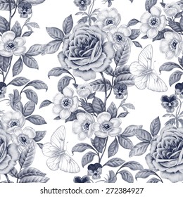 Floral seamless pattern. Flowers roses, peonies, pansies, butterflies. Design paper, wallpaper, cards, invitations, packaging, textile, interior decoration, upholstery fabrics. Vector. Victorian.