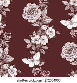 Floral seamless pattern. Flowers roses, peonies, pansies, butterflies. Design paper, wallpaper, cards, invitations, packaging, textile, interior decoration, upholstery fabrics. Vector. Victorian.