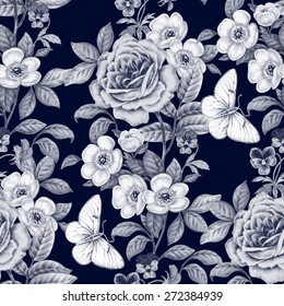 Floral seamless pattern. Flowers roses, peonies, pansies, butterflies. Design paper, wallpaper, cards, invitations, packaging, textile, interior decoration, upholstery fabrics. Vector. Victorian.