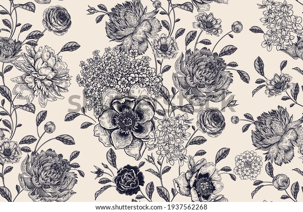 Floral seamless pattern Flowers roses, peonies, hydrangea. Handmade graphics. Black white. Victorian style. Vector illustration. Textiles, paper, wallpaper decoration. Vintage background. Flower cover