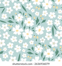 Floral seamless pattern with flowers. Summer meadow mint background. Template for card, invitation, poster, wrapping cover, banner, interior decor. Fabric textile print.