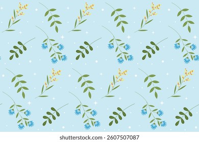 Floral  seamless pattern. Flowers  and  twigs on blue background. Botanical pattern. Design for greeting cards, posters, decorations, wrapping paper, textile. Flat cartoon style.Vector illustration.