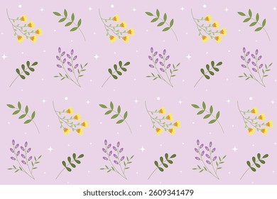 Floral  seamless pattern. Flowers  and  twigs on violet background. Botanical pattern. Design for greeting cards, posters, decorations, wrapping paper, textile. Flat cartoon style.Vector illustration.