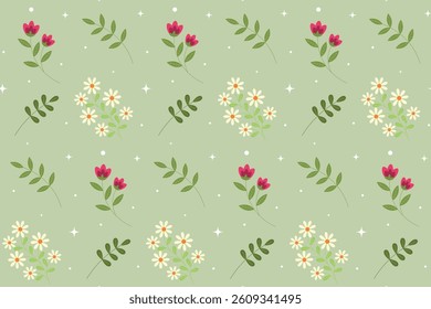 Floral  seamless pattern. Flowers  and  twigs on green background. Botanical pattern. Design for greeting cards, posters, decorations, wrapping paper, textile. Flat cartoon style.Vector illustration.