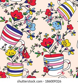 Floral seamless pattern with flowers, vase, cup for holiday background
